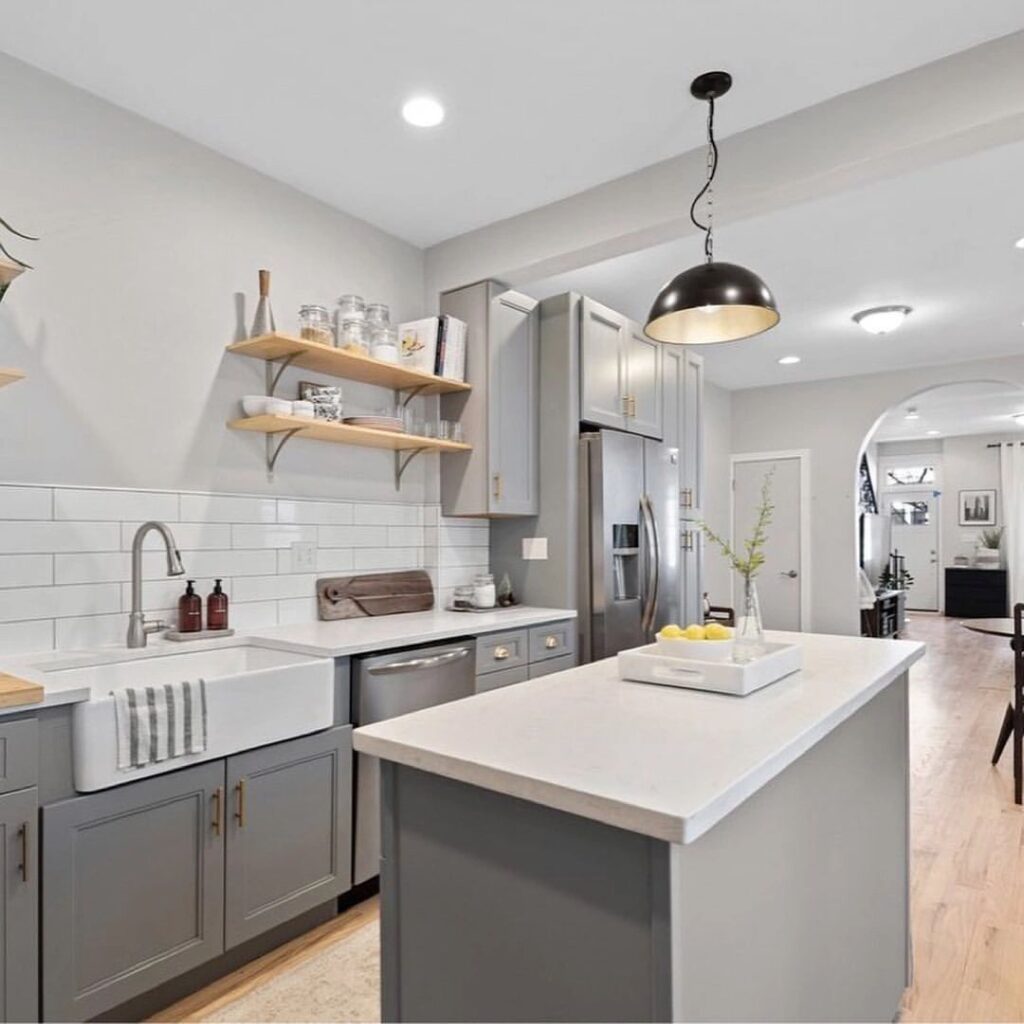 kitchen floating shelves farmhouse sink