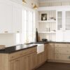 natural wood cabinets with white wall cabinets