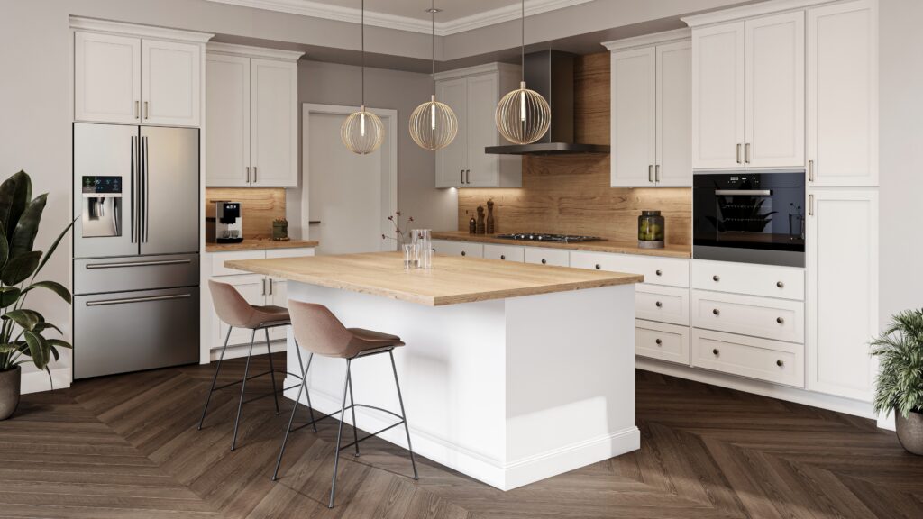 white kitchen cabinets with island